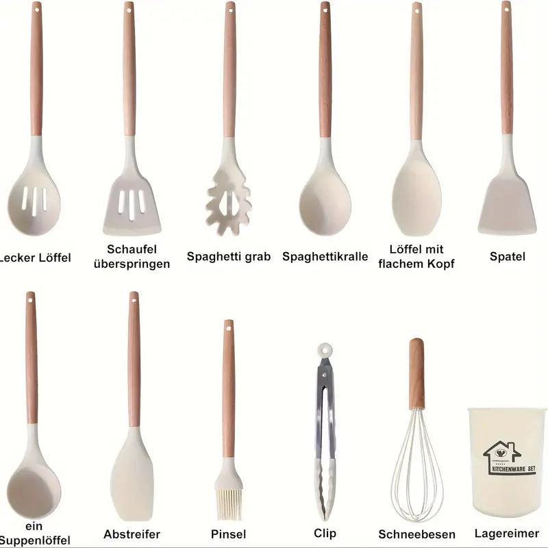12 Pcs Non-Stick Silicone Cooking Utensils Spatula, Tong, Whisk Set  with Wooden Handle 3