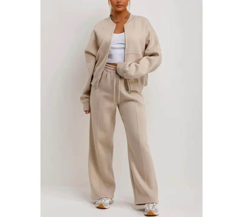 Bomber Sweatshirt With Zip And Joggers Loungewear Set Oatmeal Womenswear 3