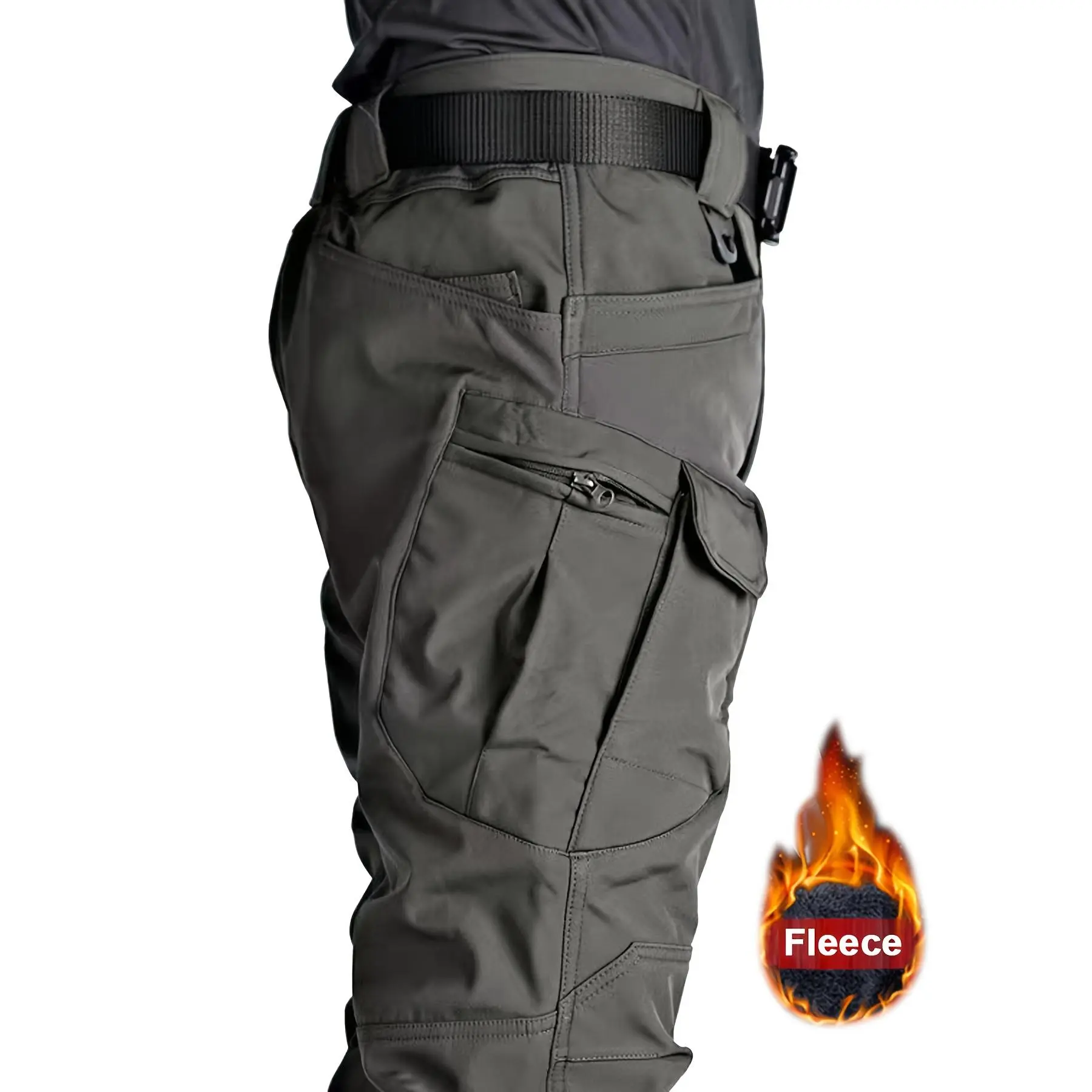 Men's Solid Color Thermal Cargo Pants, Slightly Stretch Multiple Pockets Design Pants For Winter Outdoor Activities