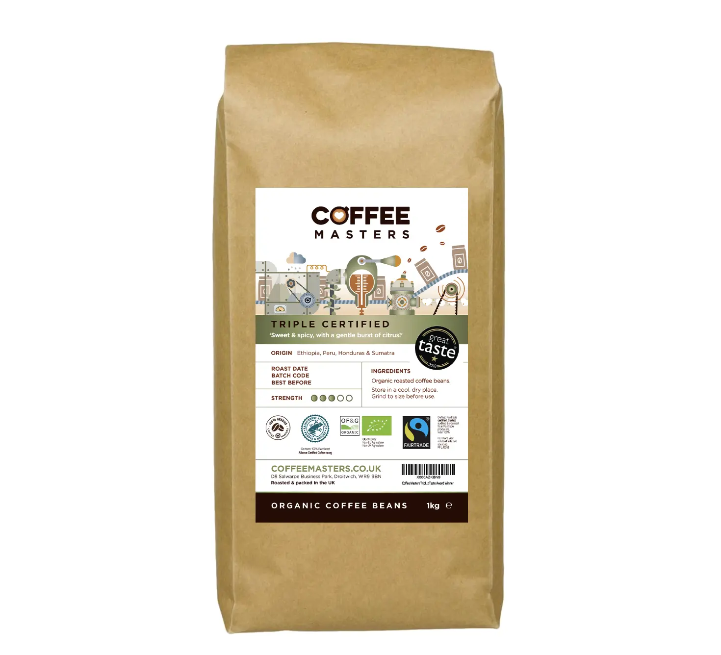 Coffee Masters - Triple Certified Organic Blend Coffee Beans (1x1kg) Beverage Roast