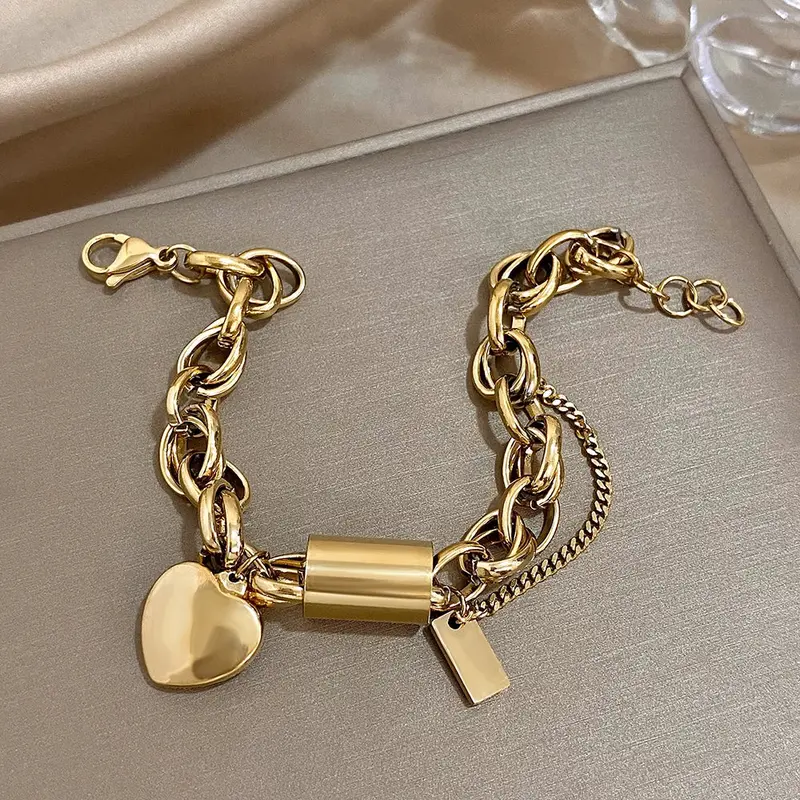 AENSOA Punk Chunky Double Thick Chain Stainless Steel Bracelets for Women Fashion Golden Heart Love Buckle Pendant Wrist Jewelry 4