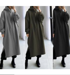 Short baggy soft fleece hoodie dress with pockets and cords plain modesty hoodie #269