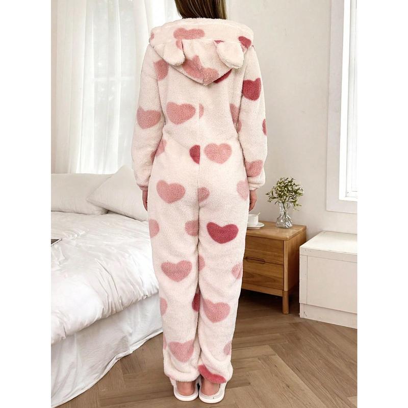 Dream Adore Plush Heart Print Animal Ear Hooded Zipper Design One-Piece Sleepwear Jumpsuit Long Sleeve Day 1