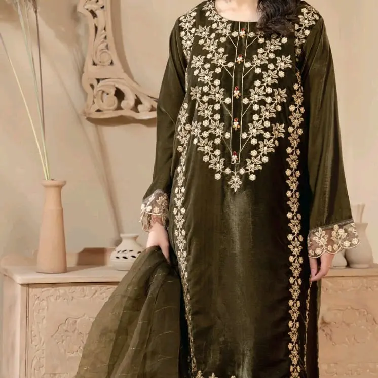 Women's Velvet Embroidered 3 Piece Ready to Wear Suit with Variety of Dupatta - Winter Wear for Comfort