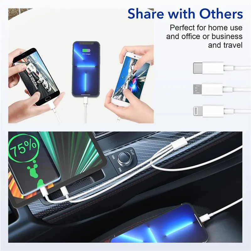 Multi Charger Cable, 2Pack 2M Multi Charging Cable Phone Charger Cables with Micro USB Type C Lightning Cable Connector for iPhone, iPad, HTC, LG, Samsung Galaxy, Huawei, Android Smartphones and More  Devices Mobile Durable Electronic Cellphone 6