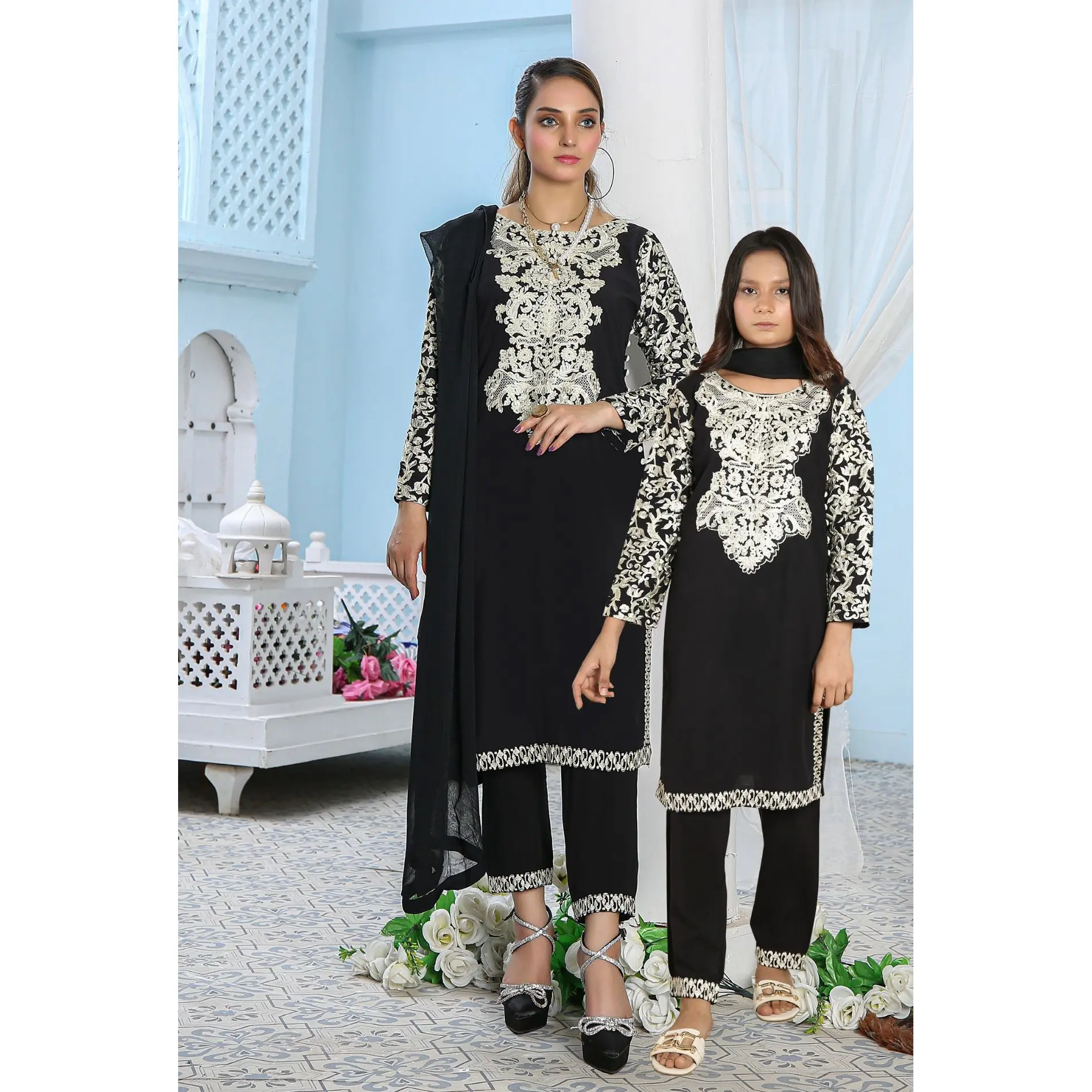 Embroidered Readymade Linen Mother & Daughter Suit Black