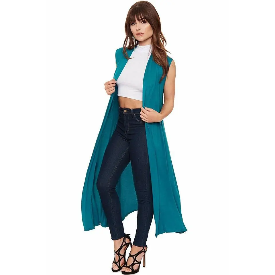 Womens Ladies Sleeveless Maxi Long Length Boyfriend Cardigan Collared Top Long Duster Jacket Coat Ladies Blazer Waistcoat Casual Light Womenswear Garment Party Soft Stretchy