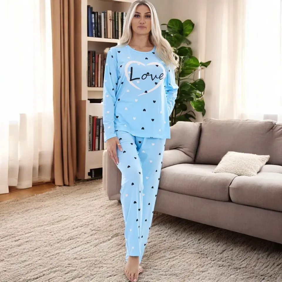Blue Love Print Ladies Soft Cotton Pyjama Set - Long Sleeve, Cosy Loungewear PJs - Nightwear, Womenswear cozy t pajama chic lounge new perfection