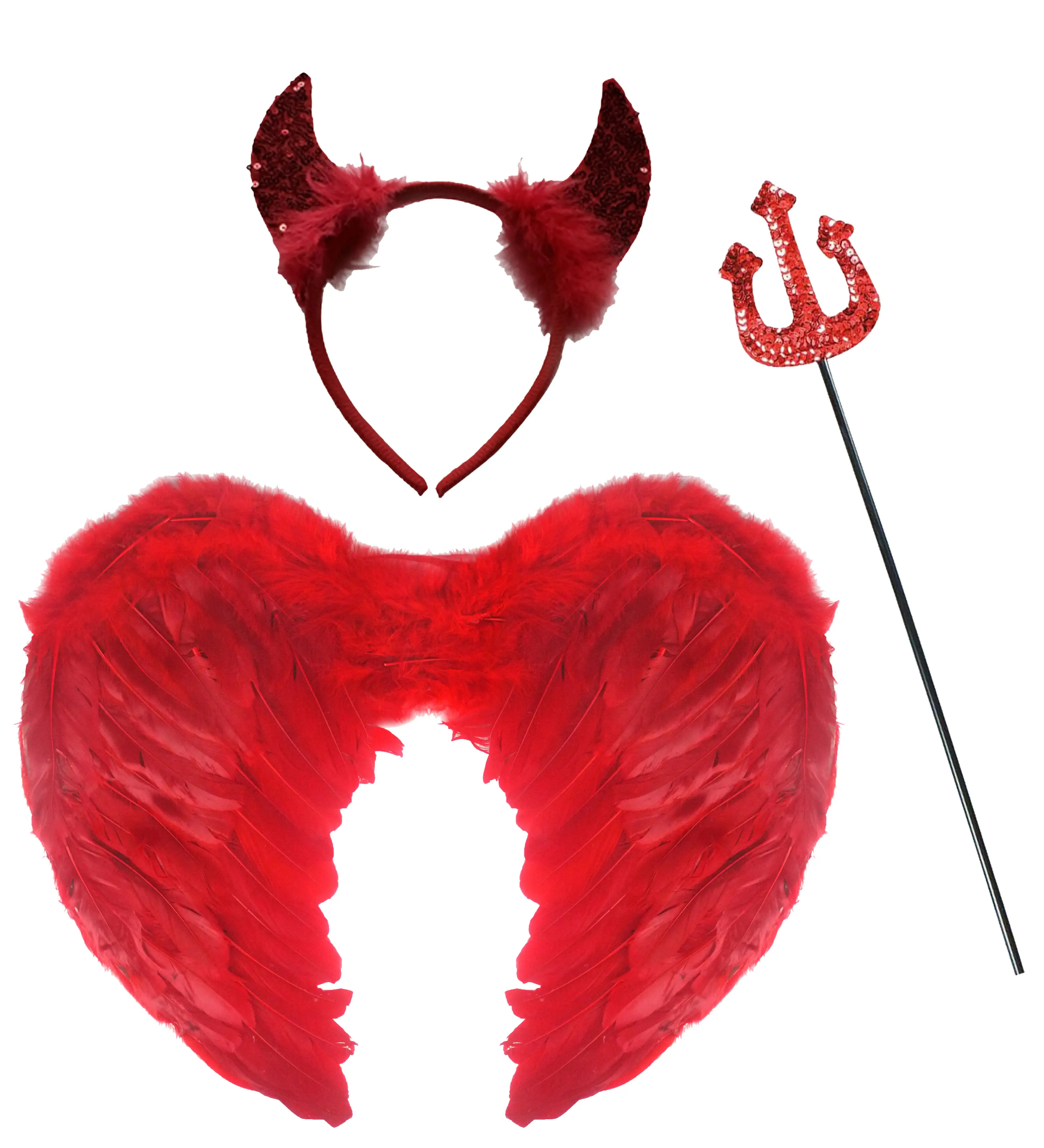 Red Feather Wings, Sequin Devil Horns with Headband, Sequin Fork - Halloween Devil Fancy Dress 3 Pcs Set