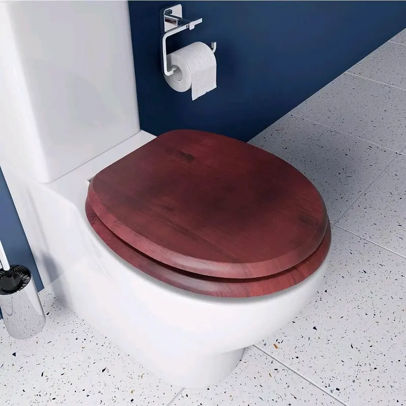 Brand New Standard 18 Inch Mahogany Effect Solid Wood Toilet Seat with Chrome Fitting 3