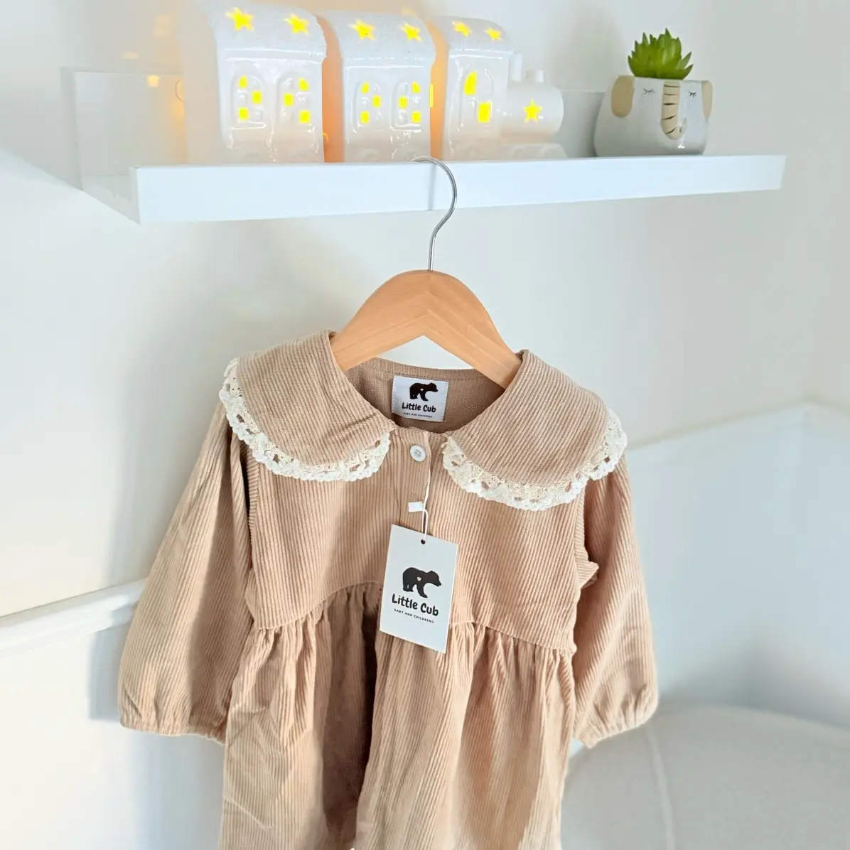 Corduroy Khaki Dress with Cream Tights Little Cub