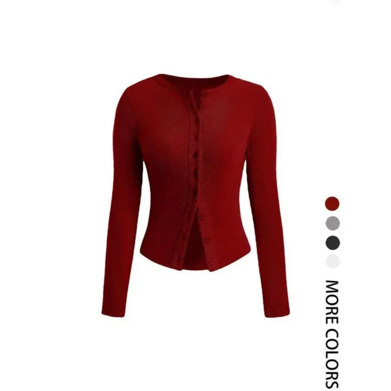 Women's Plain Button Front Ribbed Tee, Casual Long Sleeve Round Neck T-shirt for Spring & Fall, Women's Top for Daily Wear, Sassyandclassyclothing 1
