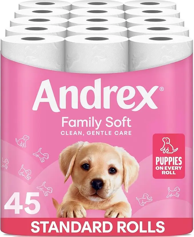 Andrex Family Soft Toilet Tissue 45 Toilet Rolls (Previously Andrex Gentle Clean Toilet Paper), Gentle on your Family’s skin– Bulk Pack of 45 Toilet Rolls, Packaging May Vary Wipes