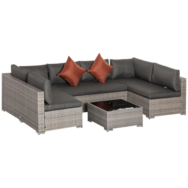 6-Seater Garden Rattan Furniture PE Rattan Sofa Set, Outdoor All Weather Conservatory Furniture, w/ Tempered Glass Coffee Table, Deep Grey 0