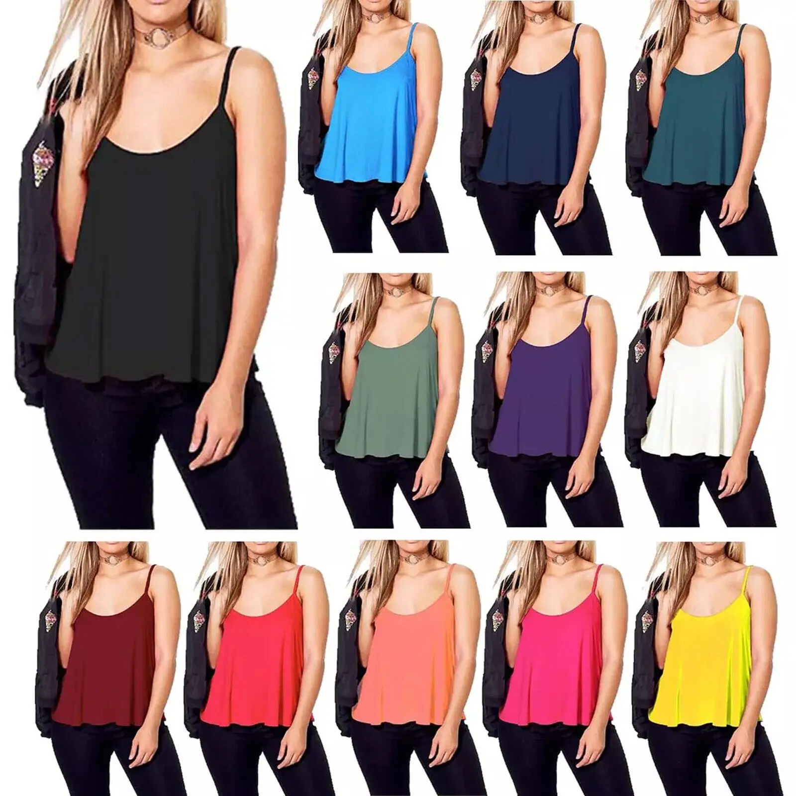 WearAll Plus Size Womens Plain Strappy Sleeveless Ladies Swing Cami Vest Top - 16-22