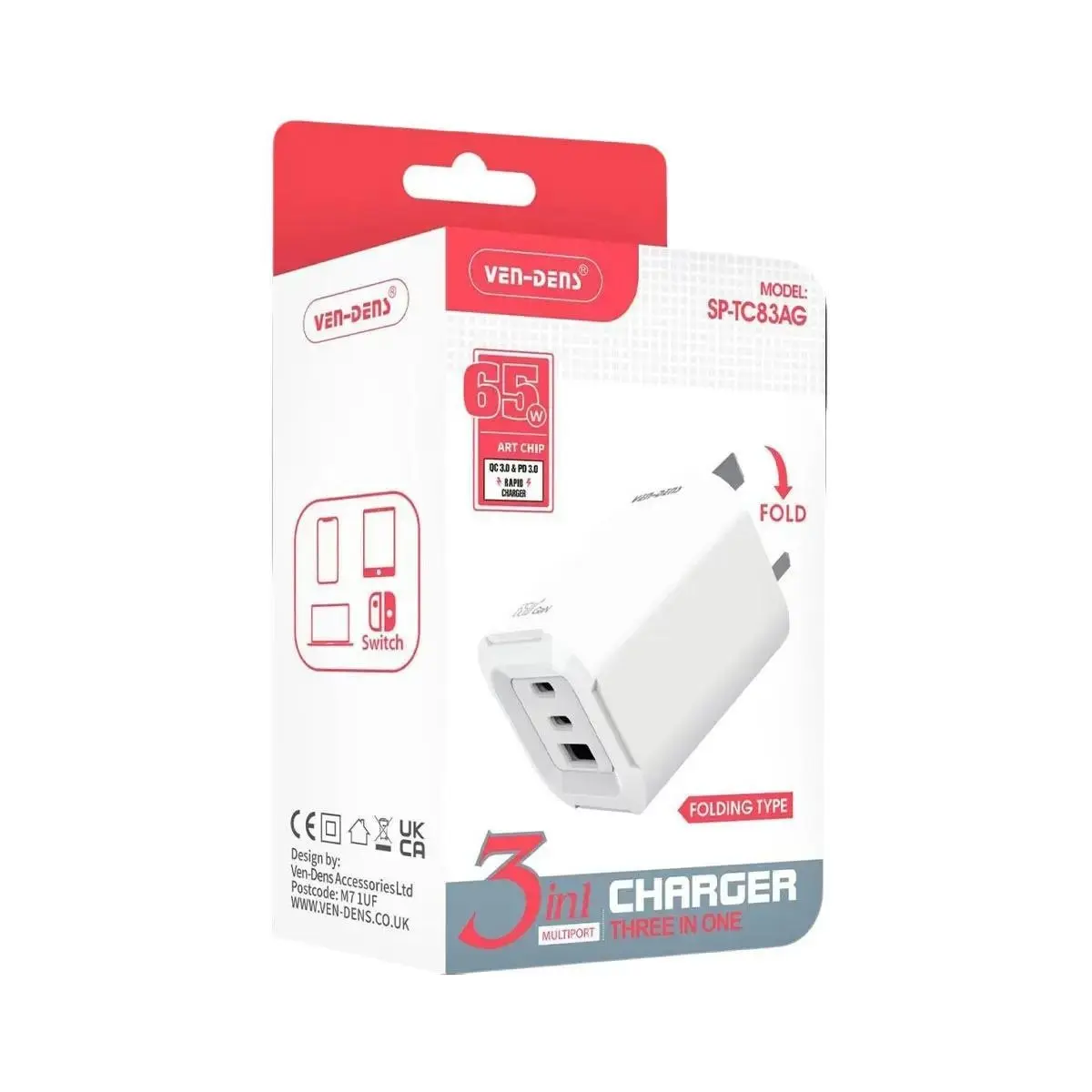 Ven-Dens 65W Three Port USB Charger - 1 Type A + 2 Type C Ports - Foldable Pins Protection Smartphone