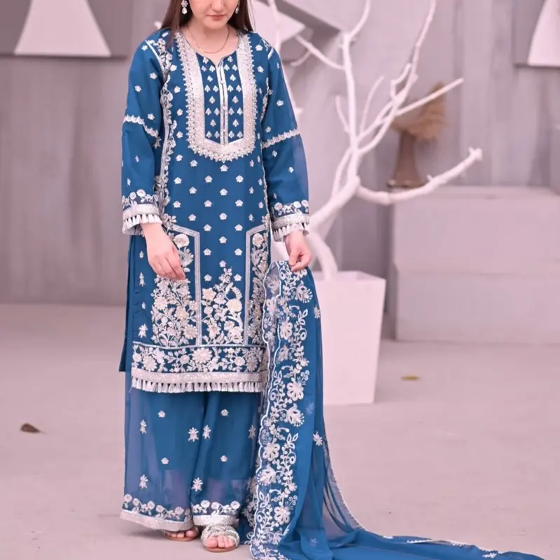 Mother & Daughter Three Piece Full Embroidered Chiffon Suit with Sharara- Luxury Part Wear Collection Dress Dupatta Clothes