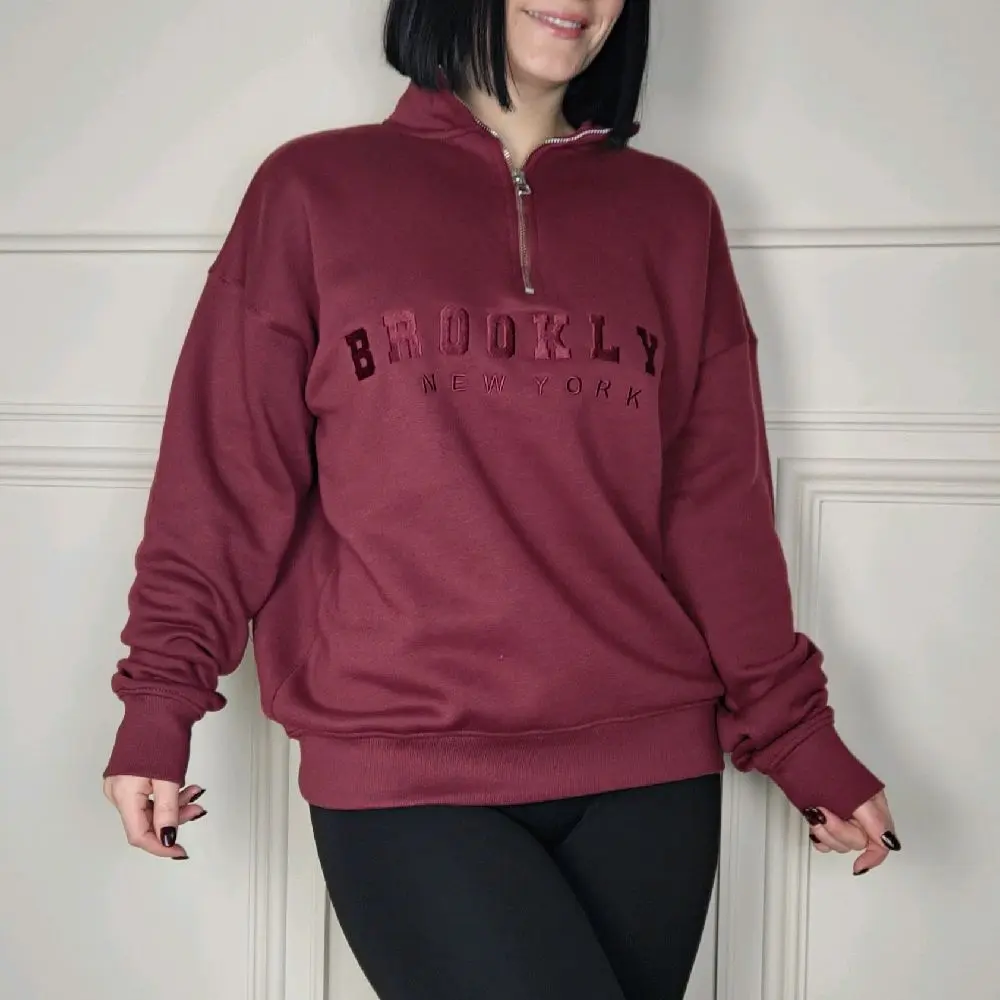 BROOKLYN Half Zip Sweatshirt in Burgundy - Women's Oversized Hoodie with Slogan Stitching - Tops, Womenswear, Polyester, Fabric, Style, Comfort