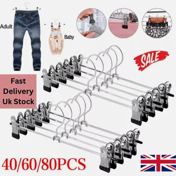40/60/80PCS Chrome Clothes Hangers with Strong Metal Clips for Coats, Trousers, and Skirts - UK - Hanging, Organiser