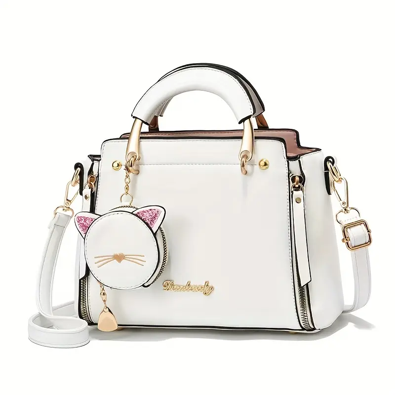 Stylish Cat Design PU Crossbody Satchel Handbag - Zipper Closure, Solid Color, Polyester Lining, Top Handle, Coin Purse Included, Fashionable and Spacious Womens Bag for Daily Use