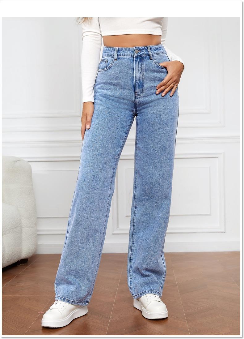 Product Introduction of Women Jeans Straight Pants Denim Washing High Waist Loose Fit Pockets Basics Ankle Length Pants Solid Color Slight Strech 13