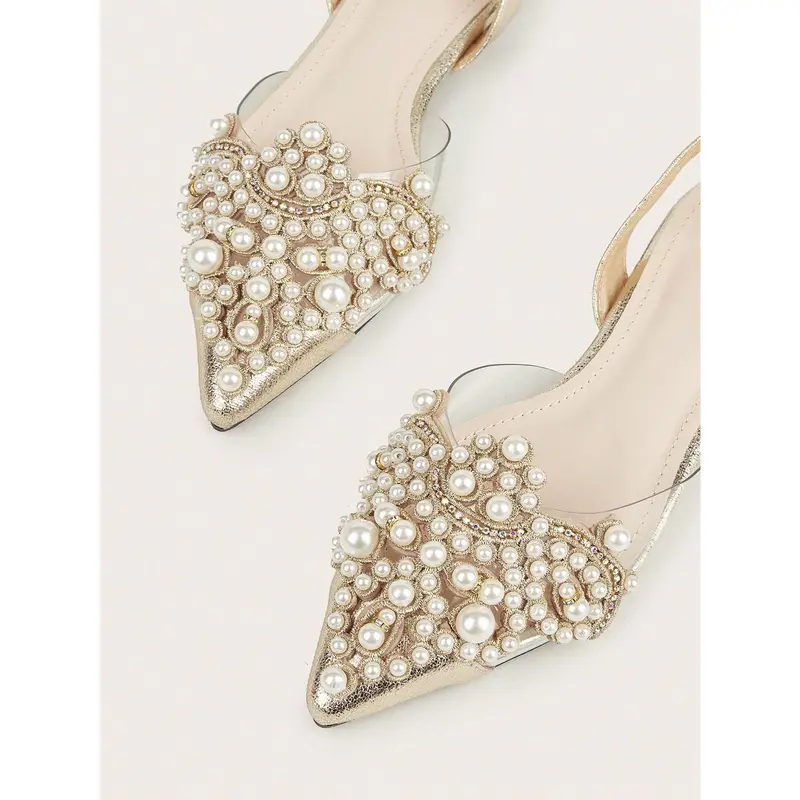 Women Faux Pearl Decor Point Toe Slingback Flats, Fashion Outdoor Flats Footwear Walking Shoes 3