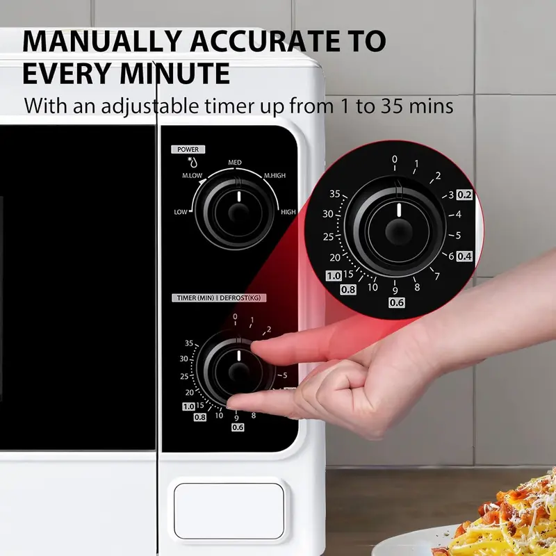 20 Liter 800W Manual Control Solo Small Microwave, Compact with 5 Power Levels, Automatic Defrost Function, Perfect for 9'' pizza, Clock and Timer, Easy Clean, White- MM-MM20P(WH) 7