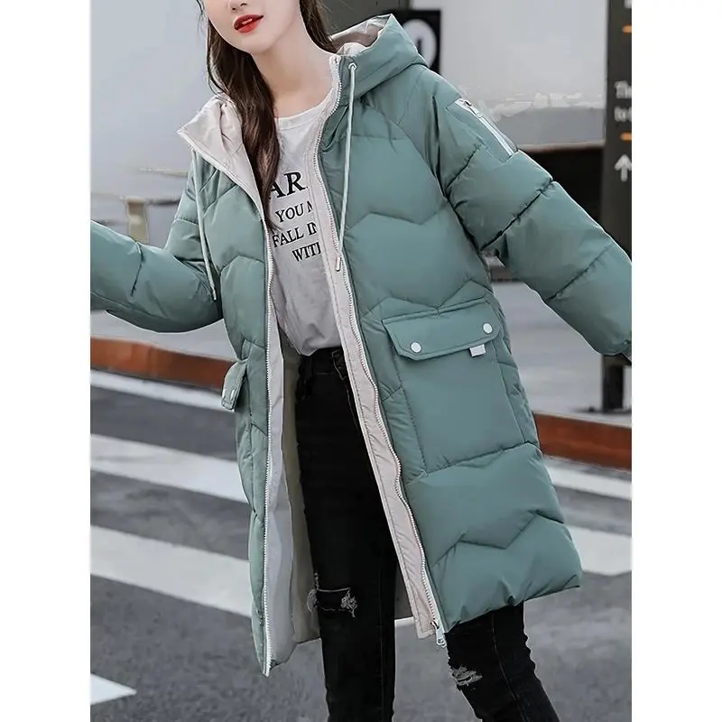 Cozy Thermal Puffy Coat - Cotton-padded Jacket with Drawstring Hoodie, Long Sleeve, Flap Pockets, and Zip-up Design for Fall and Winter - Women's Casual Outerwear for Chilly Days 5