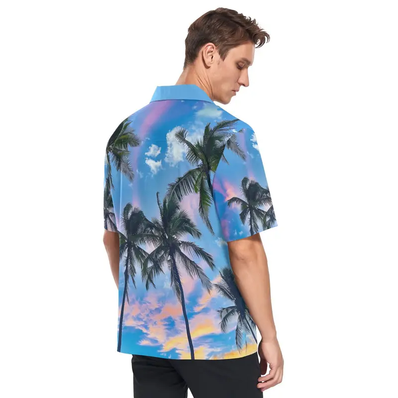 High Quality Palm Design Custom Shirt Printing Men Beach Wear Polyester Outdoor Hawaiian Shirts Summer Button up Shirt for Men 2