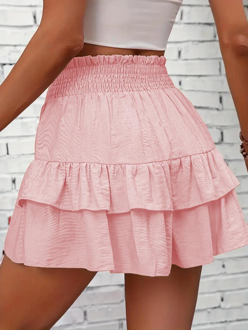 Product Introduction of Women's Frill Trim Ruffle Hem Shirred High Waist Shorts, Boho Casual Tiered Layer Shorts for Spring & Summer, Summer Shorts for Women, Back To School, Ladies Elegance Minimalist Shorts, Wide Leg Shorts for Women, Ruffle Shorts 7