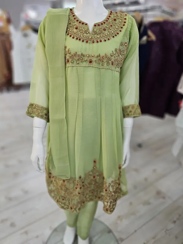 Girls Pakistani Embroidered Chiffon Dress Top With Trouser 1