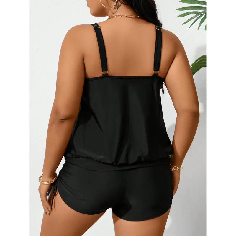 Swim Curve Plus Size Summer Beach Simple Solid Sleeveless Ruched Tankini Set 1