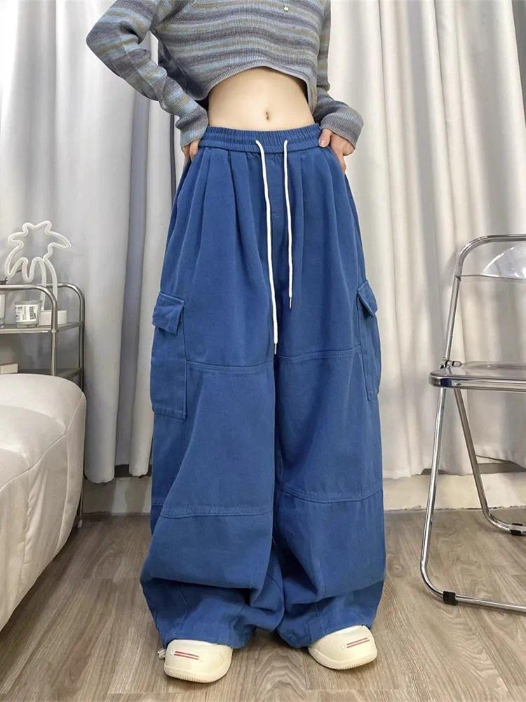 Product Introduction of 2024 Korean Y2K Fashion Drawstring Casual Baggy Cargo Jeans Pants Women Clothing Straight Wide Leg Sweatpants Female Trousers 5