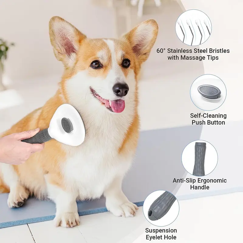 Pet Brush For Grooming - Dog Cat Self Cleaning Slicker Brushes with Smooth handle - Cleaning Button Pet Grooming Tool for Dogs Cats hair Shedding Tools Massage Brush - GREY 5