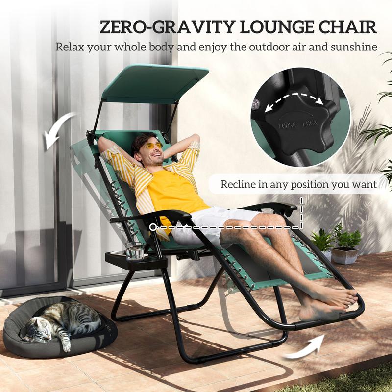Outsunny Zero Gravity Lounger Chair, Folding Reclining Patio Chair with Shade Cover, Padded Seat, Cup Holder, Soft Cushion and Headrest for Poolside, Camping, Green 3