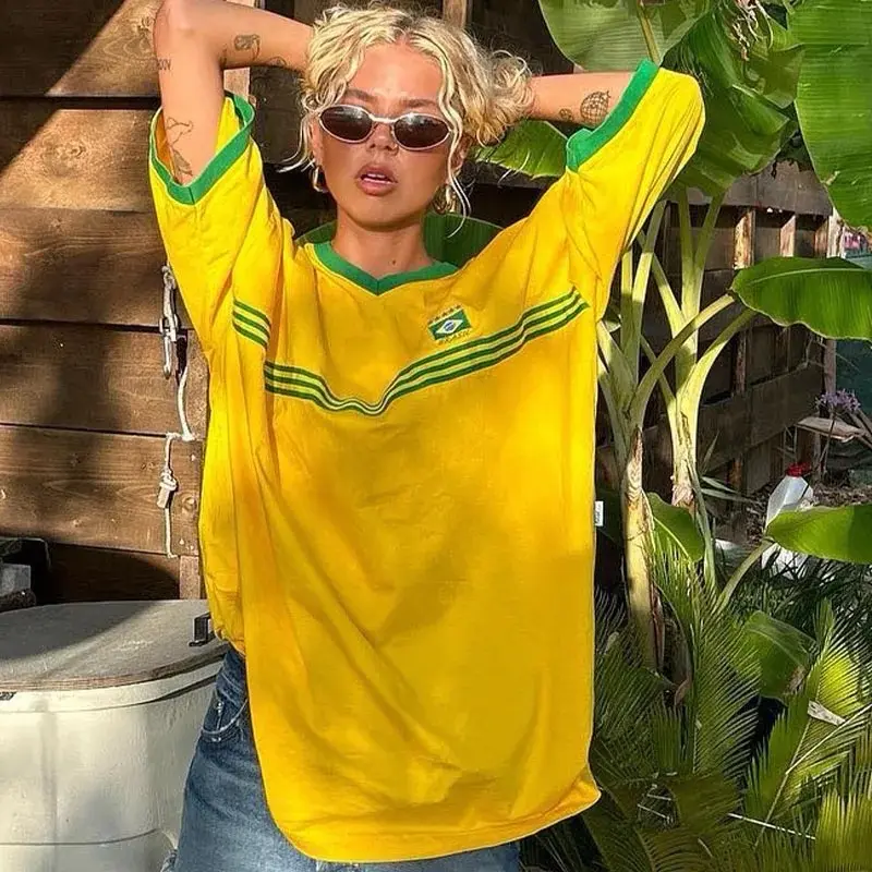 Brazil Embroidery Yellow Tshirt Casual Loose Medium And Long Sleeves Y2k Clothing Tops Oversized T-shirt Beach Summer Women Tees Womenswear Underwear Lady Streetwear 4