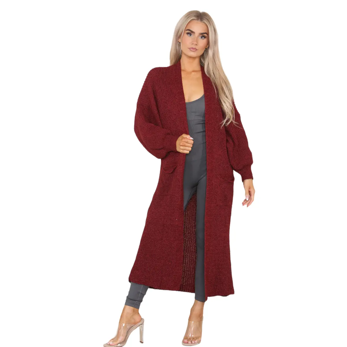 Women's V-Neck Chunky Knitted Oversized Cardigan Ladies Balloon Sleeve Long Maxi Cardigan Knitwear Womenswear