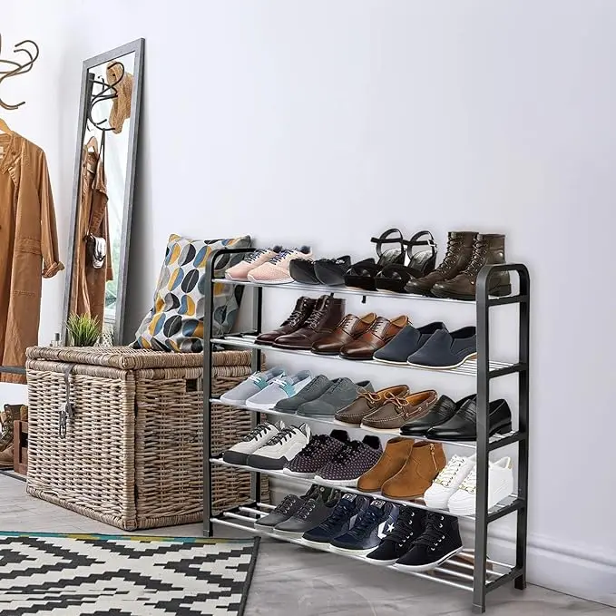 5 Tier Shoe Slots Rack - Space Saving Shoe Storage Organiser with Quick, Tool-Free Assembly - Shoe Slots Holds 15-20 Pairs - Dimensions (L) 75.5cm x (W) 18.5cm x (H) 75.5cm - Black Metal Minimalist Multicolor Slide 0