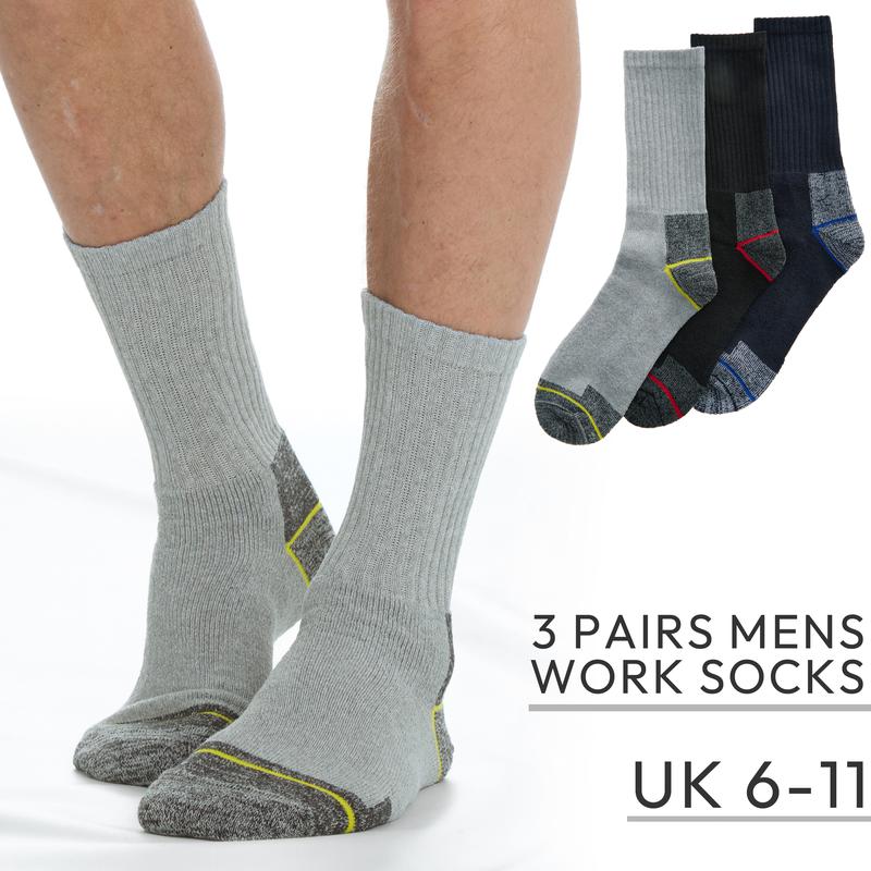 Product Introduction of 3 Pairs Mens Work Socks Mid Calf Heavy Duty Outdoor UK 6-11 Multibuy Cushioned Black Grey Thick Crew Safety Boot Socks Sock cheap 1