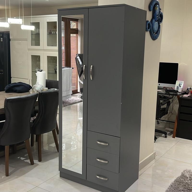 PALAKLOT 2 Door 3 Drawer Full-length Mirror Wardrobe | Modular Cabinet for Space Saving | Ideal Storage Organizer (Grey) 6