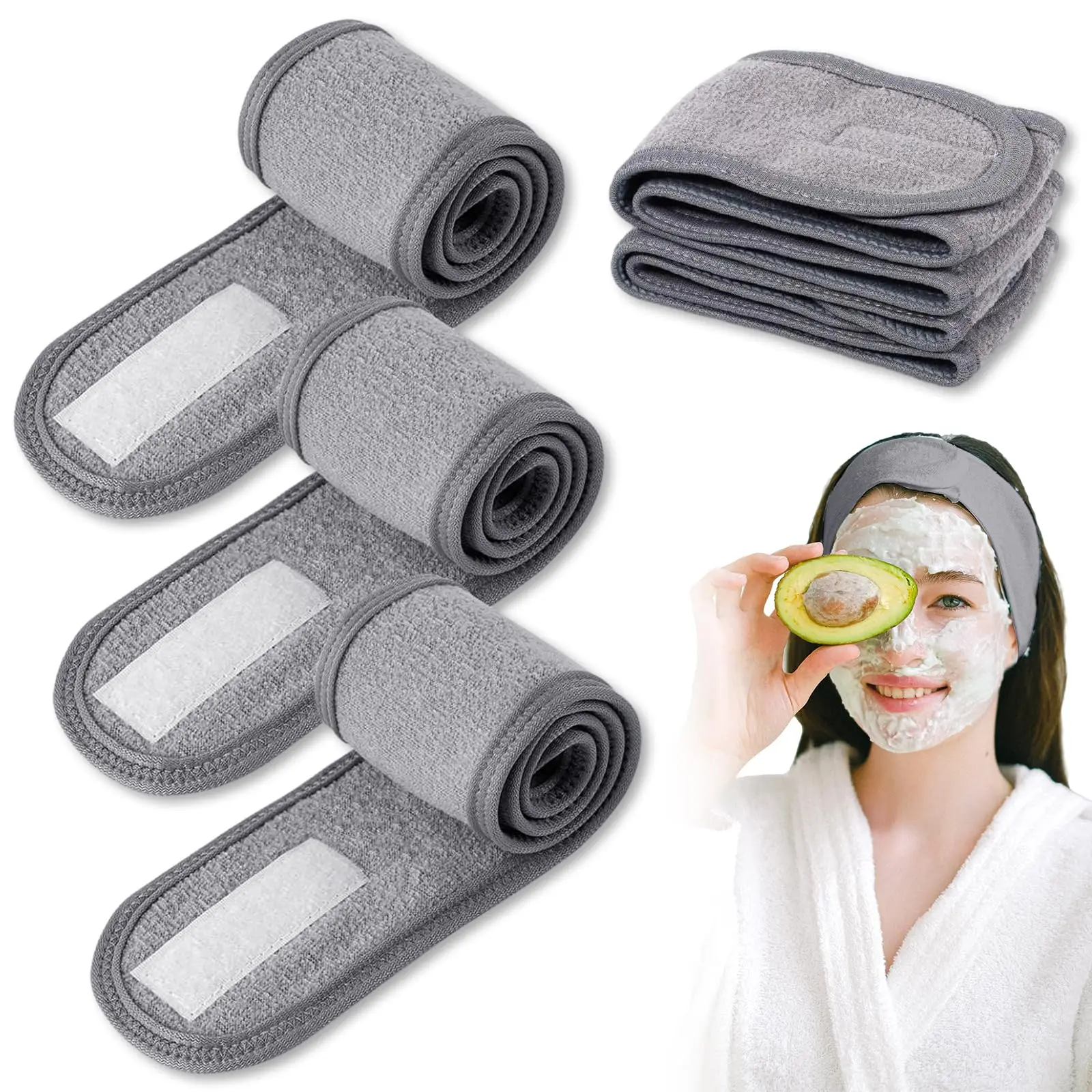 Facial Headband, Makeup Facial Head Wrap Non-Slip, Adjustable Headband Terry Cloth for Face Wash Makeup Yoga Sports (Grey)