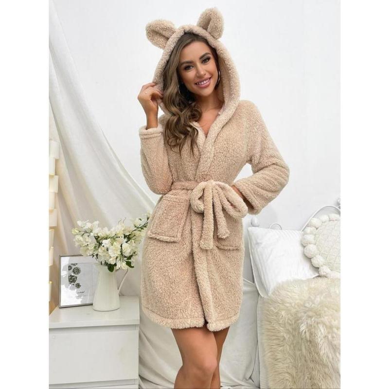 Women's Plain Pocket Hooded Robe, Casual Belted Long Sleeve Flannel Bathrobe For Home Spa, Women' Clothing For Fall Winter, Cold Weather Gear 3
