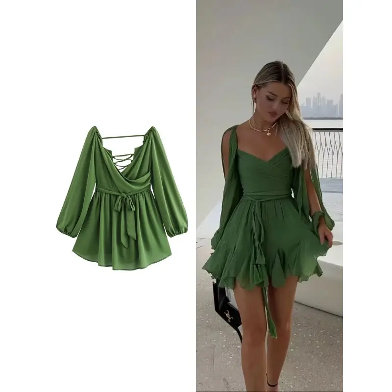 Ladies solid color sleeveless V-neck dress Elegant backless tie dress sexy pleated design mini skirt