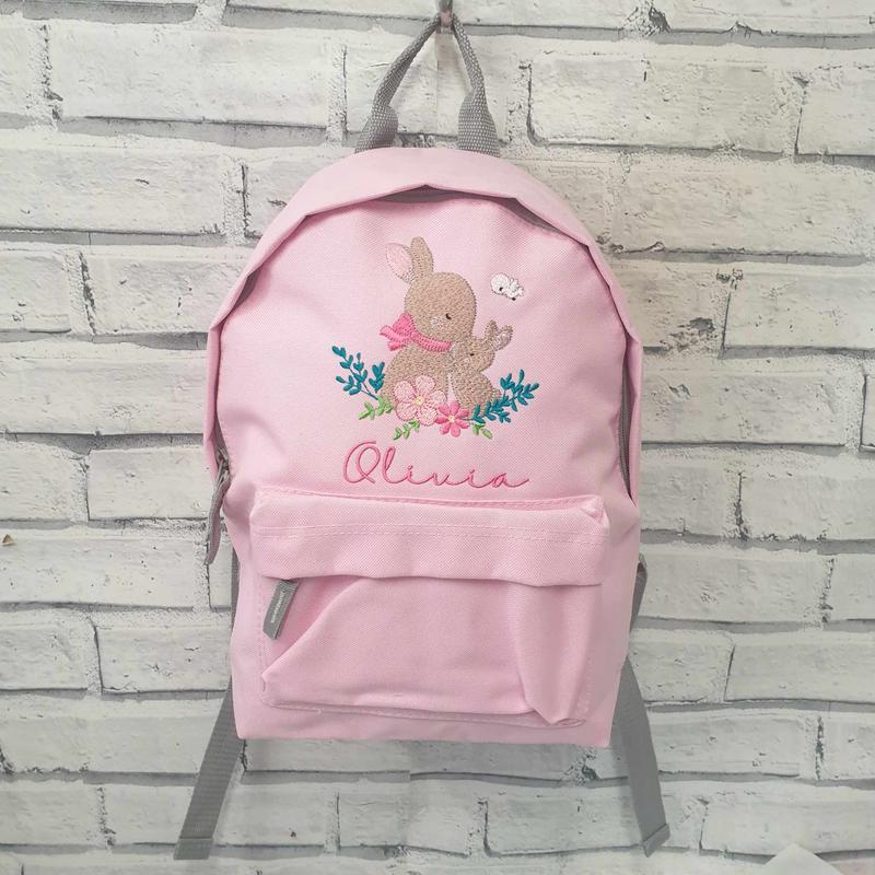 Personalised Mama And Baby Bunny Rucksack, Embroidered Toddler Bunny Backpack, Nursery Bag 0