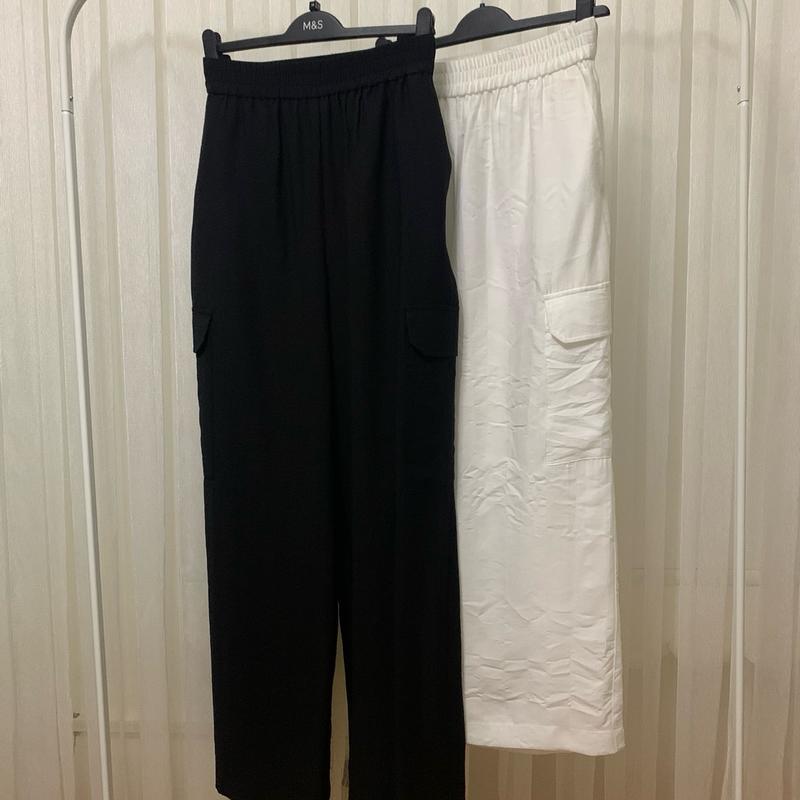 Women's Black White Wide Leg utility Cargo Trousers Elasticated Waist Comfort Pocket Palazzo Comfortable Fashion Pants All Sizes 1