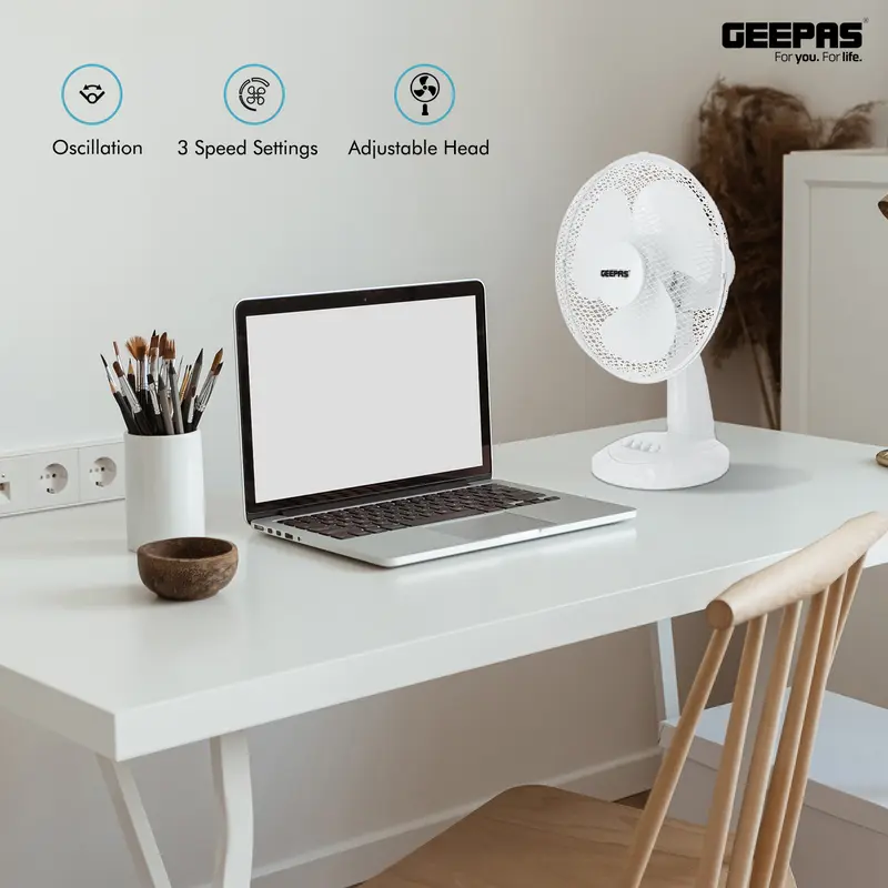 Geepas Portable Desk Fan 12 Inch, 3 Speed, Quiet Operation, White 7