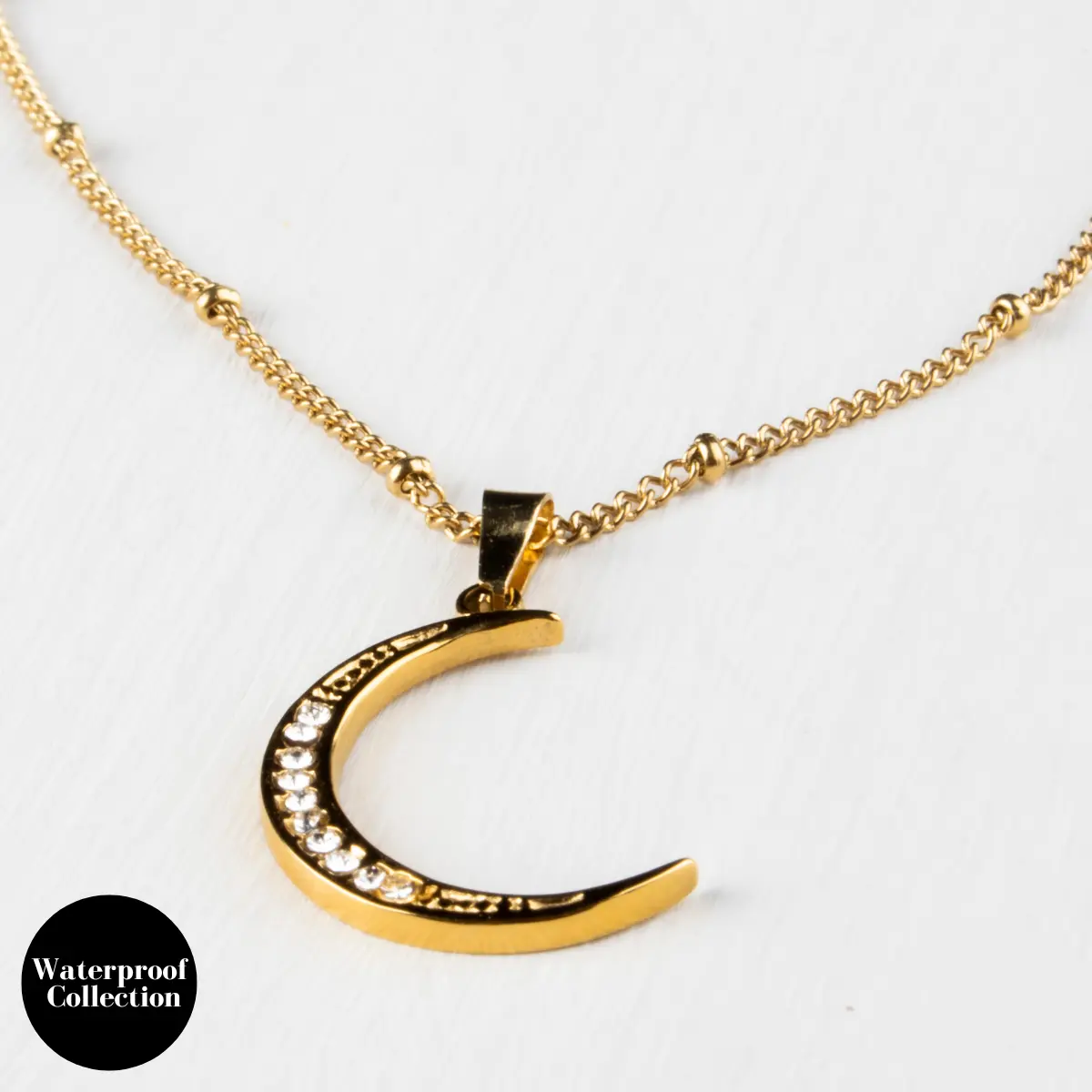 Fleur Fine Ball Chain Waterproof Necklace With Diamante Crescent Moon Charm - 18k Gold Plated Stainless Steel