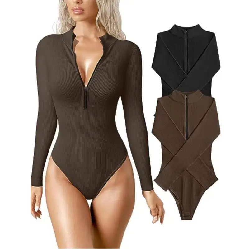 Women's Bodysuits Sexy Ribbed One Piece Zip Front Long Sleeve Tops Bodysuits Womenswear Lady Vneck 5