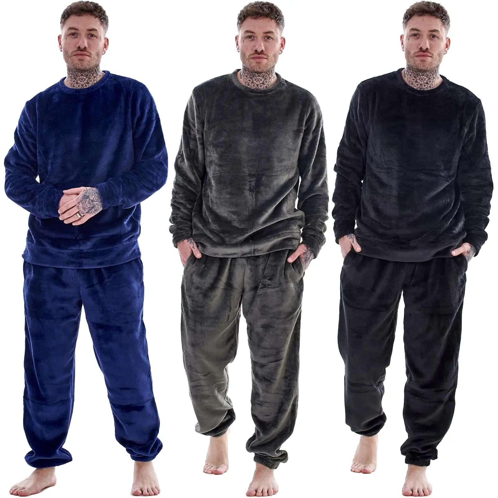 Men's Fleece Crew Neck Nightwear Set - Super Soft Flannel in Black, Navy, or Charcoal - Sizes S-2XL, Classic Cuffed Loungewear with Pockets