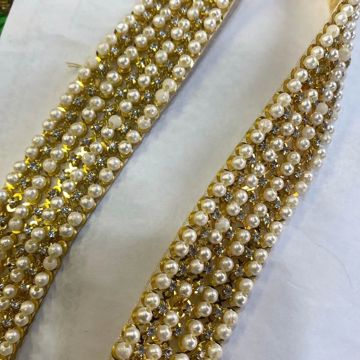 Gold Pearl and Dimante Lace Sewing Trim Sequin - High-Quality Sewing Trim Sequin